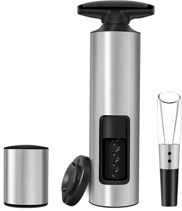 ELMWAY 4-Piece Wine Opener Set, Self-Pulling Stainless Steel Corkscrew with Foil Cutter, Aerator Pourer and Vacuum Stopper, Manual Bottle Opener Kit, Bar Accessories Gift for Wine Lovers