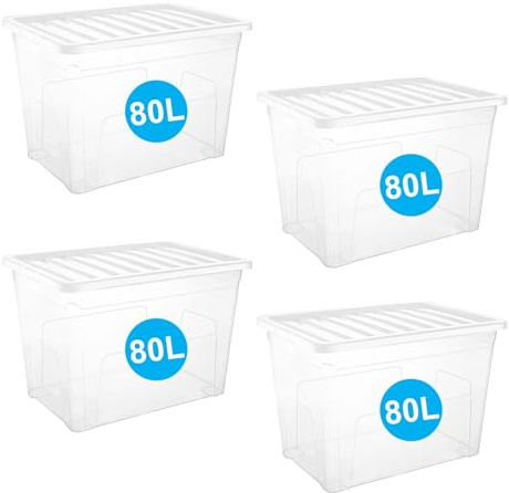 RelianceUK 4 X 80 Litre Large Plastic Storage Box with Lid - 80L Strong Stackable Boxes with Clear Lids - Home, Office, Kitchen, Garage, Nestable Storage Containers | Made in UK