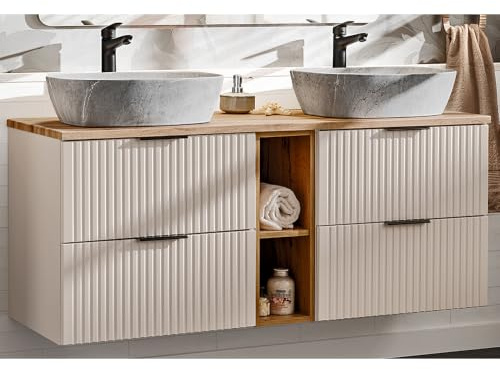 Lomadox Badezimmer Waschtisch 140cm, in Kaschmir und Eiche, mit 2 Softclose-Schubladen mit Keramik-Waschbecken