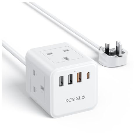 PD20W Extension Lead with 4 USB Slots, Kemelo 4 Way (13A/3250W) Multi Plug Extension Cable with Child Safety UK Desktop Power Extension Socket,1.5M Extension Cords for Home Dorm Office Travel