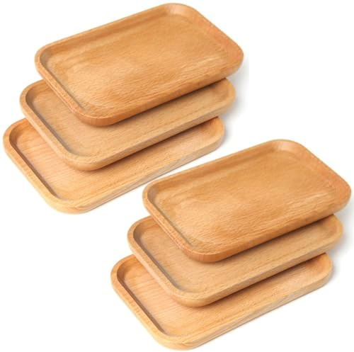 Linwnil 6 Pack 8 x 5 Inches Serving Platter Tray, Tray Cheese Plate Rectangular Platter for Fruit, Appetizer, Bread,Rectangular Avoid Sliding and Spilling Food (Wood Trays x 6Pack)