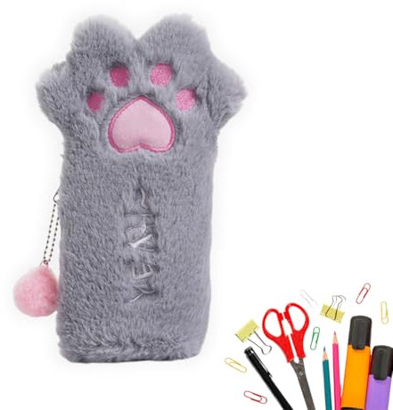 GXGM Graues Katzenpfoten-Federmäppchen, PlüSch Schreibwaren Tasche Flauschig Federmäppchen Weicher Stifthalter Reißverschluss Schreibwarentasche Tragbare Kosmetiktasche, 1 Stück