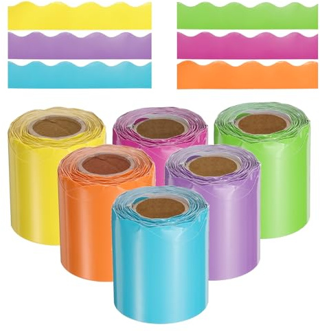 QUARKZMAN 6 Rollos de Borde de Tablón de Anuncios Coloridos 196.8 Pies Borde Festoneado Decorativo Enrollable para Decoración de Tablón de Anuncios en Casa, Aula u Oficina (Color Arcoíris)