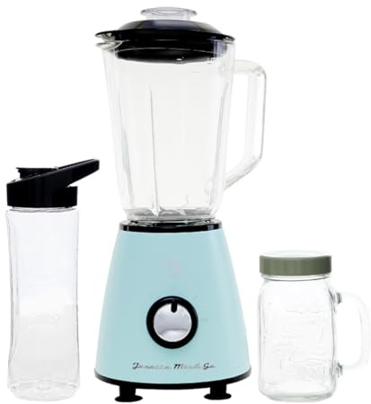 Juanita Mix&Go Mixeur en verre 800 W, bol en plastique 1 l, bouteille portable 600 ml, 4 lames en acier inoxydable, 2 vitesses avec turbo, bol en verre offert, mixeur