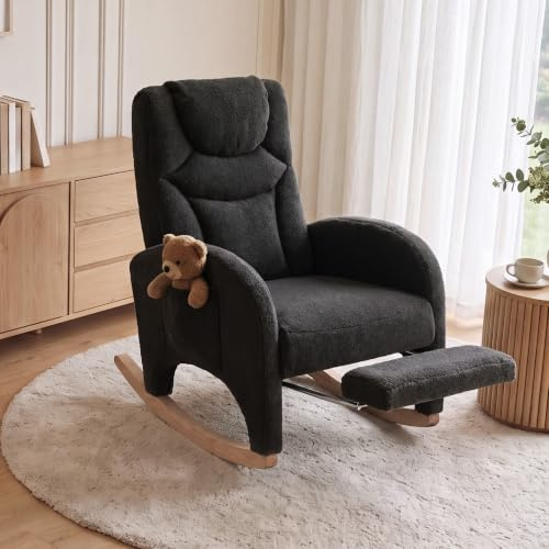 DEKKETO Teddy Stillsessel Schaukelstuhl mit Kopfstütze und Fußstütze, Grau | Leises Schaukeln, höhenverstellbare Kopfstütze, Große Sitzfläche, Lesesessel für Wohnzimmer und Schlafzimmer