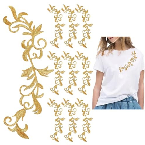 HOBBIESAY 10 Stück Metallisch Bestickter Aufnäher Zum Aufbügeln Goldene Lange Blatt Stickerei Applikation Metallischer Blumenbesatz Im Boho Stil Fransenblätter Aufnäher Für Hochzeit Kleidung Basteln