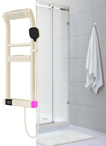 QFGain SystèMe De Douche Chaude Et Froide, Robinet De Douche 4 Sorties d'eau, Affichage NuméRique LED, Pommeau De Douche Cascade avec Jets De Massage, Pommeau De Douche De 400 Mm De Large,Off-White