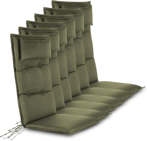 normani 6er-Set Premium Stuhlauflagen Sitzpolster Hochlehner mit Kissen 120x50 cm aus pflegeleichtem Outdoor Material - Gartenstuhlauflagen für Draußen und Drinnen Oliv 120 x 50 x 5 cm