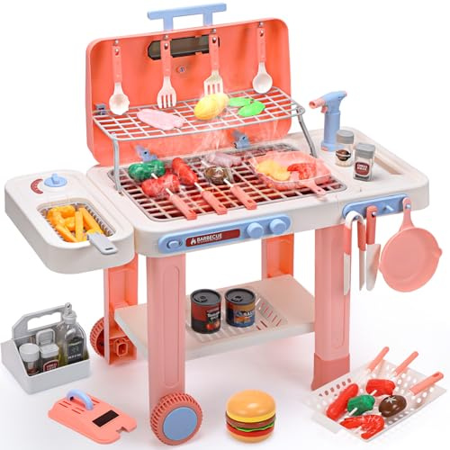 CUTE STONE BBQ Grill Toys for Kids with Color Changing Food, Cool Mist Spray, Sizzling Sound & Lights - Pretend Play Cooking Outdoor Grill Set with Frying Pan, on Wheels for Easy Move