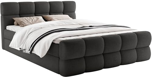 FurniDe24 Boxspringbett Leo mit 2 Bettkästen, Schwarz, Bouclé, 180x200 cm | Doppelbett mit Taschenfederkernmatratze H3, 3 cm Topper, gepolstertem Kopf- und Fußteil und verstärktem Rahmen