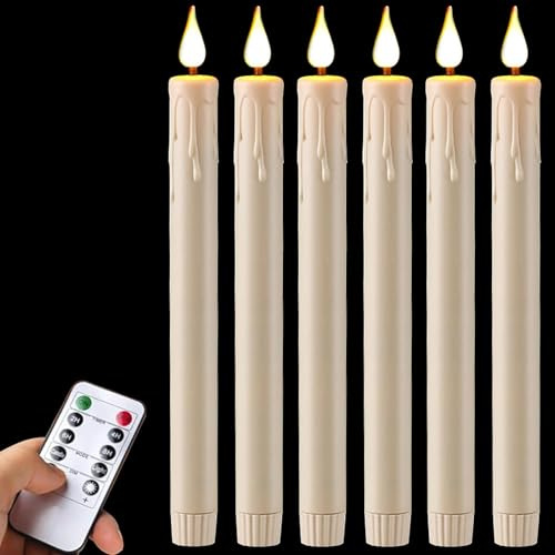 Begonia 6 Stück LED Stabkerzen mit Timerfunktion und Fernbedienung, Elfenbein 3D Dimmbar Led Flackernde Flamme, Batteriebetrieben Kerzen Flammenlose für Weihnachtsdeko, Zimmer Deko, Hochzeit, Party