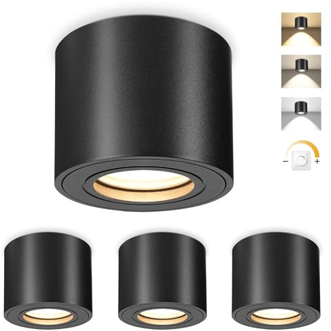 URing 4x Plafonnier Spot en Saillie LED IP44 Dimmable, Ø80x65mm Spot de Plafond Noir, Lampe Plafond avec Module LED 5W 550LM 230V, Spots Salle de Bain 3000K/4000K/6500K, Aluminium Rond