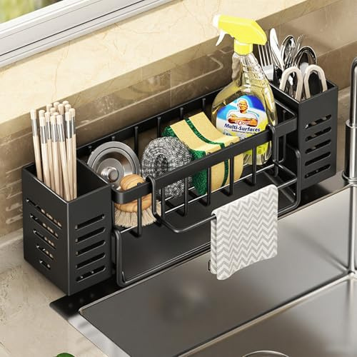 KEORHEZ Spülbecken Organizer Kitchen Spülorganizer, Spüle Organizer mit Spültuchhalter und Aufbewahrungsbox, Metall Schwammhalter mit Automatisch Abflusspfanne, für Küche und Badezimmer (Schwarz)