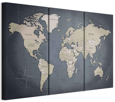 murando - Quadri Moderni Acustici Soggiorno, Bussola Continenti, 135x90 cm | Chiodi Inclusi, 3 Pezzi, Quadro Moderno Acustico, Schiuma Acustica, Pannelli Fonoassorbenti Decorativi, Produzione Europea