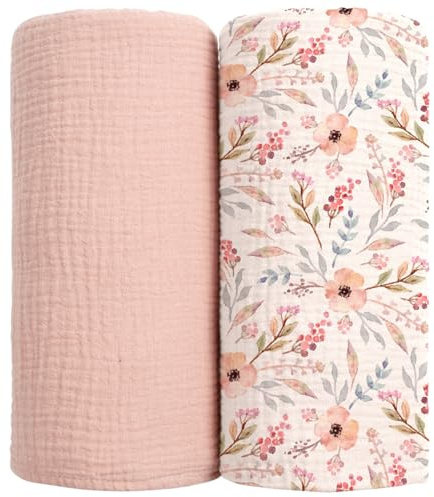 lulumoon Muslin Swaddle Blankets for Baby: Soft Cotton Newborn Receiving Blankets - Floral Print Nursery Gift Set for Baby Girls(Pink Flower)