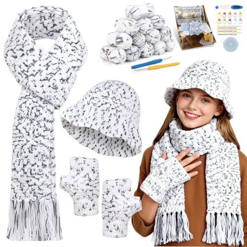 Aeelike Häkelset für Anfänger zum Häkeln von Schal, Mütze und Handschuhen mit ausreichend Garn, Häkelnadeln und Schritt-für-Schritt-Anleitung für Anfänger, Ideales Warmes Häkeln Starter Set