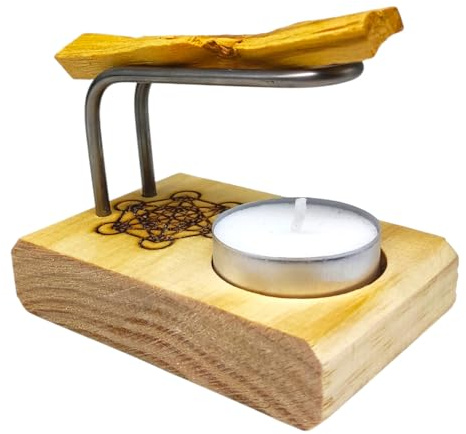 Quemador Artesanal en Madera Metatrón para Palo Santo e Incienso | con Base para Vela de Té | Relajación, Aromaterapia y Meditación | Incluye Palo Santo y Velita
