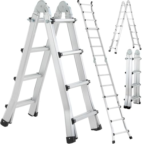 TLGREEN Scala telescopica 3.98M Scala multiuso in alluminio scala allungabile 4x3 pioli 3 in 1 telescopica multifunzione pieghevole cavalletto di prolunga a gradini e bifacciale portata massima 150 kg
