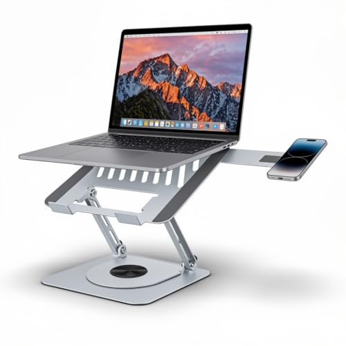 Generisch Laptop Ständer mit magnetischer Handyhalterung, 360° drehbar & höhenverstellbar, aus legiertem Stahl – extrem stabil, klappbar, ergonomisch belüftet, 10–17,3 Zoll