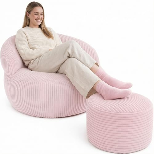 bananair – Pouf Poltrona Soggiorno e Camera in Velluto a Coste - Pouf Gigante XXL Morbido ed Elegante - Rivestimento lavabile in lavatrice - Ideale per Adulti, Adolescenti (110 × 100 cm, Rosa Chiaro)
