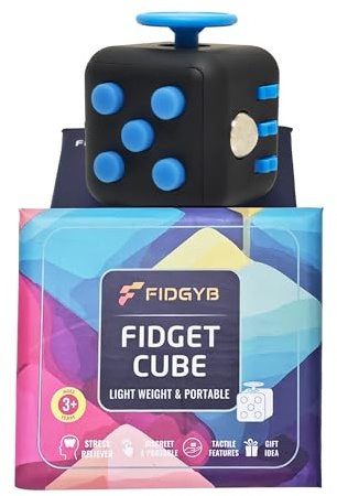 FIDGYB Fidget Cube Anti-Stress-Würfel für Erwachsene & Kinder, glattes, leises sensorisches Spielzeug bei Angstzuständen, Fokus & ADHS [Schwarz-Blau]