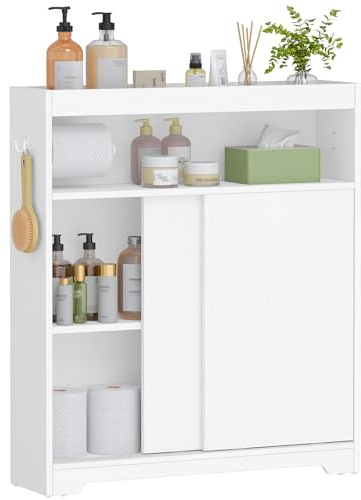 Hzuaneri Badezimmerschrank, Nischenschrank, Platzsparende Badschrank mit Toilettenpapierhalter und Haken, Schiebetür, Verstellbares Regal, für Das Badezimmer, 20 x 80 x 90 cm, Weiß BC63813X