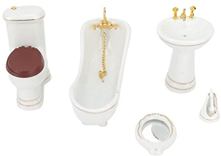 DAN&DRE Skala 1:12 5 Delar Deluxe Dollhouse Badrumsset, Miniatyrmöbler i Porslin, Söta och Vackra Tillbehör Till Dockskåp