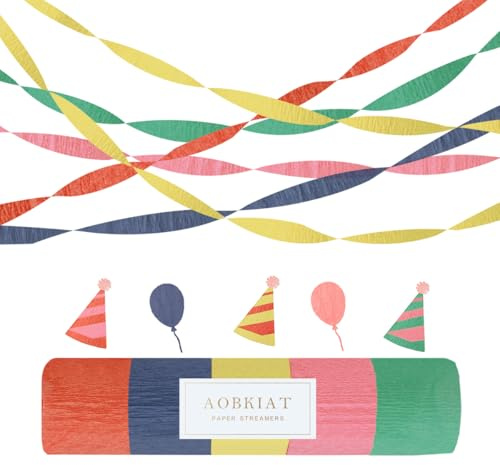 AOBKIAT Krepppapier Bunt,5 Rollen Regenbogen Luftschlangen für Geburtstag | Babypartys,Hochzeit,Weihnachten,Retro Party-Dekoration,DIY-Quasten,4,5 cm x 25 m pro Rolle