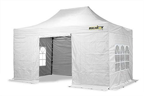 BULHAWK® 3M x 4.5M PREMIUM 32 COMMERCIAL GRADE, WATERPROOF, HEAVY DUTY POP UP GAZEBO MARKET STALL MARQUEE, INCLUDES 4 X 100% WATERPROOF SIDEWALLS AND CARRY BAG (3m x 4.5m White including side panels)
