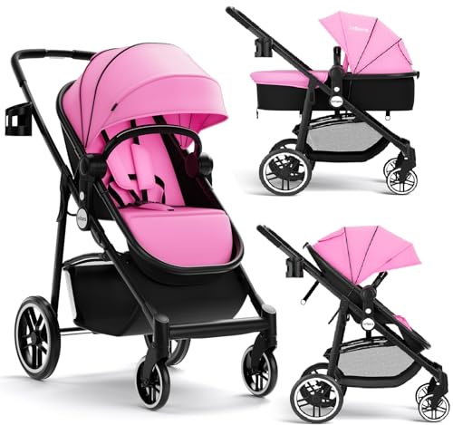 INFANS 2 in 1 Baby Stroller, High Landscape Infant Stroller & Reversible Bassinet Pram, Foldable Pushchair with Adjustable Canopy, Storage Basket, Cup Holder, Suspension Wheels (Pink)