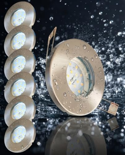 Trango 6er Set IP65 LED Einbaustrahler 6729IP65-062MOSD aus Edelstahl gebürstet incl. 6x 3000K warmweiß 3-Stufen dimmbar Ultra Flach LED Modul für Bad, Dusche, Einbauspots, Deckenstrahler, Deckenlampe