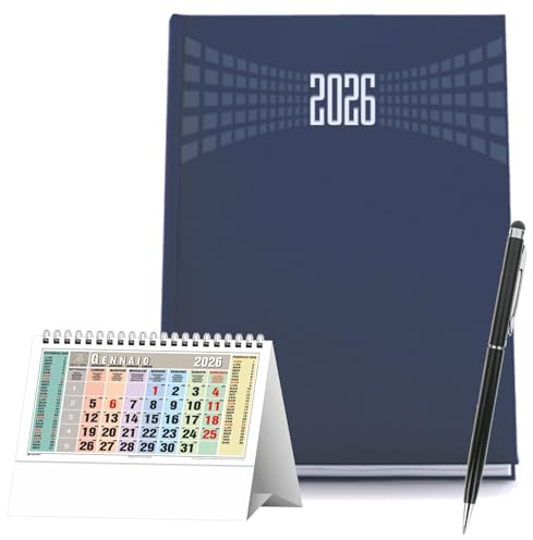Agenda Giornaliera 2026 Blu 15x21 cm – Copertina Rigida, Planner Giornaliero con Rubrica, Cartina e Festività – Omaggio Penna Touch + Calendario da Tavolo Multicolore.