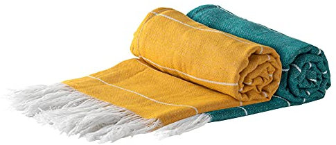 Nicola Spring Turkish Cotton Bath Towels - 173 x 92cm - Aqua/Mustard - Pack of 2 - Lightweight & Absorbent Large Adults Drying Beach Towel Bathroom Gym Cloth Sauna Hammam Shower Sheet