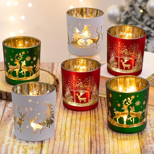 MJ PREMIER Weihnachten Teelichthalter, 6 Stück Kerzenhalter 7x7x8 cm Weihnachten Dekoration, Xmas Windlicht, Teelichtgläser für Deko, Tischdeko, Party, Geschenk