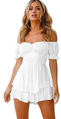 Damen Freizeitkleider Kleid-Overall Playsuit Sommerkleid High Waist Sexy Einfarbiges Rüschen Minikleid Club Kleid Off-Shoulder-Kleid mit Tiefem V-Ausschnitt Partykleid für Damen