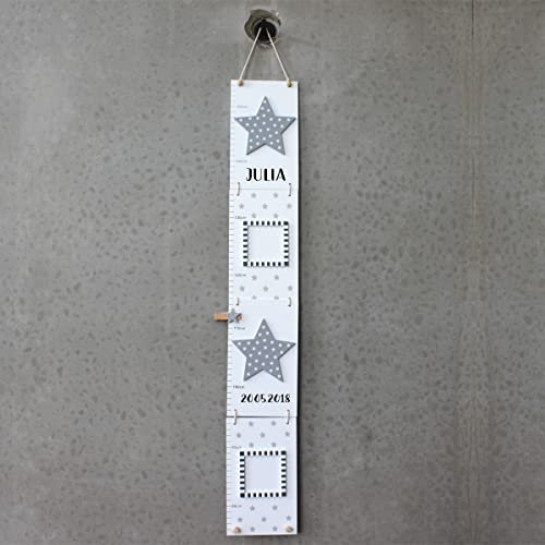 Personalisierbare Holz-Messlatte für Kinder mit Stern und Bilderrahmen I grau I 80 cm Länge I schöne Wand-Dekoration für das Kinderzimmer