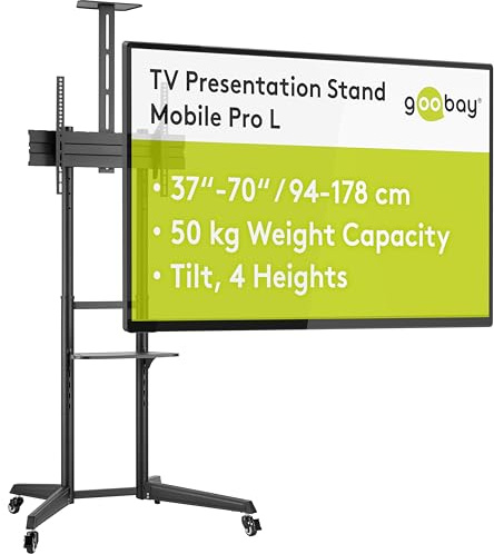 goobay TV-Präsentationsständer 37–70 Zoll, mobil, höhenverstellbar bis 1966 mm, VESA 600x400, bis 50 kg, mit Kameraablage – Pro L – 59508