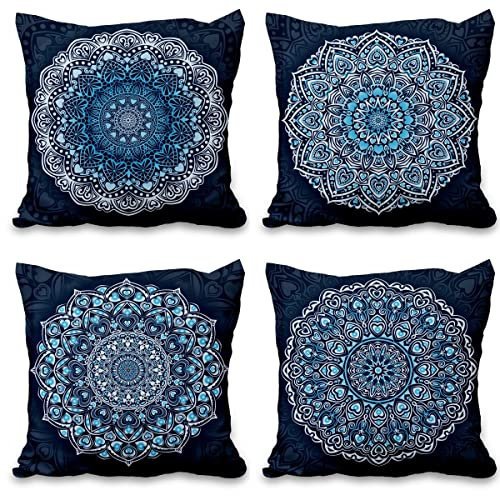 Aoihrraan 41x41cm 4er Set Dekorativ Kissenbezug Dunkelblau Bohemien Mandalas Blume Indisch Hippie Boho-Stil Quadratische Sofakissen Dekokissen Aus Leinen Wohnzimmer Draussen Patio Stuhl Garten Sofá