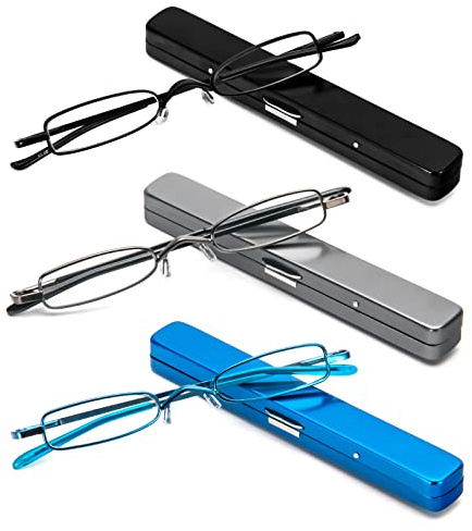 MMOWW 3er-Pack Mini Metall Lesebrillen Damen Herren Federscharnier Klassische Klein Schmal Leicht Lesehilfe Sehhilfe Brillen mit Etui (Schwarz+Blau+Grau,+2.0)
