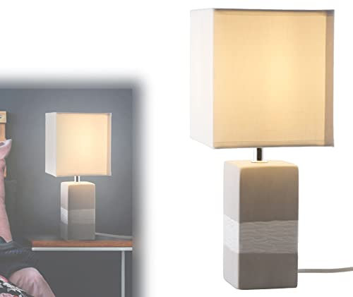 bmf-versand® Tischlampe Wohnzimmer mit Keramikfuß - Tischleuchte klassisch für Schlafzimmer - Beistelllampe in Grau und Weiß - Nachttischlampe Stoffschirm - Nachttischleuchte Textil Keramik