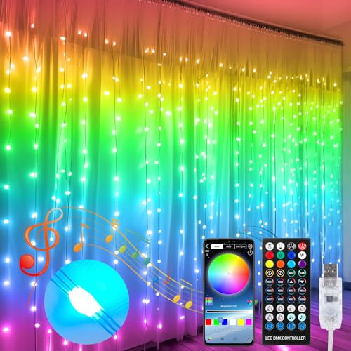 QINER Vorhang Lichter, 3x3m 300LED Farbwechsel Lichterkette Kinderzimmer mit 16 Mio. Farben, APP, Sync mit Musik Lichterkettenorhang Bunt füR Festliche Party Innen und außen Deko