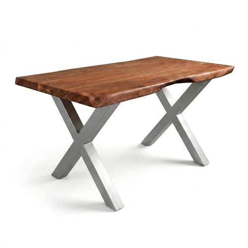 SAM Baumkantentisch Cali 140 x 80 cm, Akazienholz massiv nussbaumfarben, 50 mm Tischplatte, Esstisch mit X-Metallgestell Silber, Industrial-Design