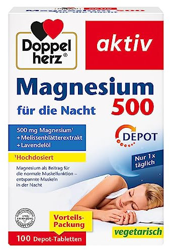 Doppelherz Magnesium 500 für die Nacht - Mit Melisse und Lavendelöl - Hochdosiertes Magnesium als Beitrag für die normale Muskelfunktion - 100 DEPOT-Tabletten
