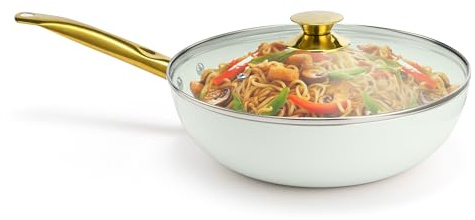 Holstein Housewares 12-Inch White Ceramic Nonstick Wok with Lid - Gold Color and Stainless-Steel Handle, Versatile Gas and Electric Stovetop Compatibility, Golden Elegance
