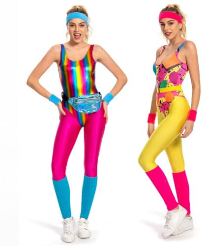 YANVS - Costume da fitness anni '80 da donna, set di 6 pezzi, tuta colorata per aerobica, abbigliamento da yoga e pantaloni sportivi, Rosa, XL