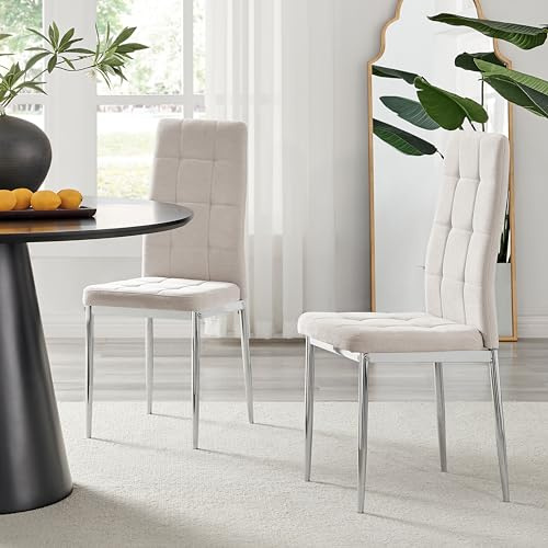 Furniturebox UK Pair of Paloma Cream Fabric Dining Chairs - Upholstered Modern Tall Back Chairs with Silver Metal Legs - Square Button Tufted Seat - Contemporary Dining Room Furniture