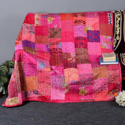 Handgefertigte Vintage-Sari-Patchwork-Kantha-Steppdecke, Vintage-Stil, dekorative Tagesdecke, Quilten, Hippie-Steppdecke, King-Size-Bett, Überwurf, Decke, Rosa, 274 x 274 cm