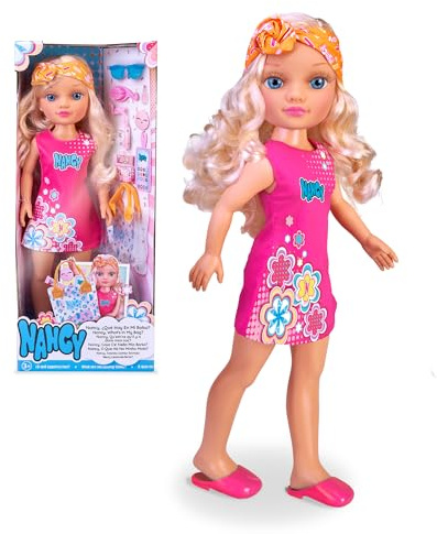 Nancy - Qué Hay en Mi Bolso, Muñeca con Melena Larga Rubia, Apariencia Veraniego, Bandana, Totebag Transparente y Siete Complementos, Desde 3 Años, Famosa (NAC68000)