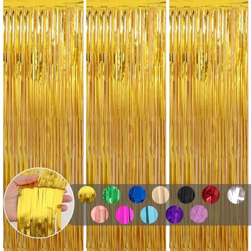 3pcs Tinsel Curtain Gold Glitter Foil Door Party Backdrop, 3.2ftx6.5ft Foil Fringe Streamers Shimmer Decorations for Birthday New Year Eve Christmas