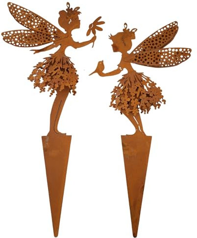Storm's Gartenzaubereien Gartenstecker Elfen- Feenstecker 2er Set - mit 2D-Flügeln in Rostoptik - Zauberhafte Balkon- und Garten-Deko - Feenfiguren - Zaundeko